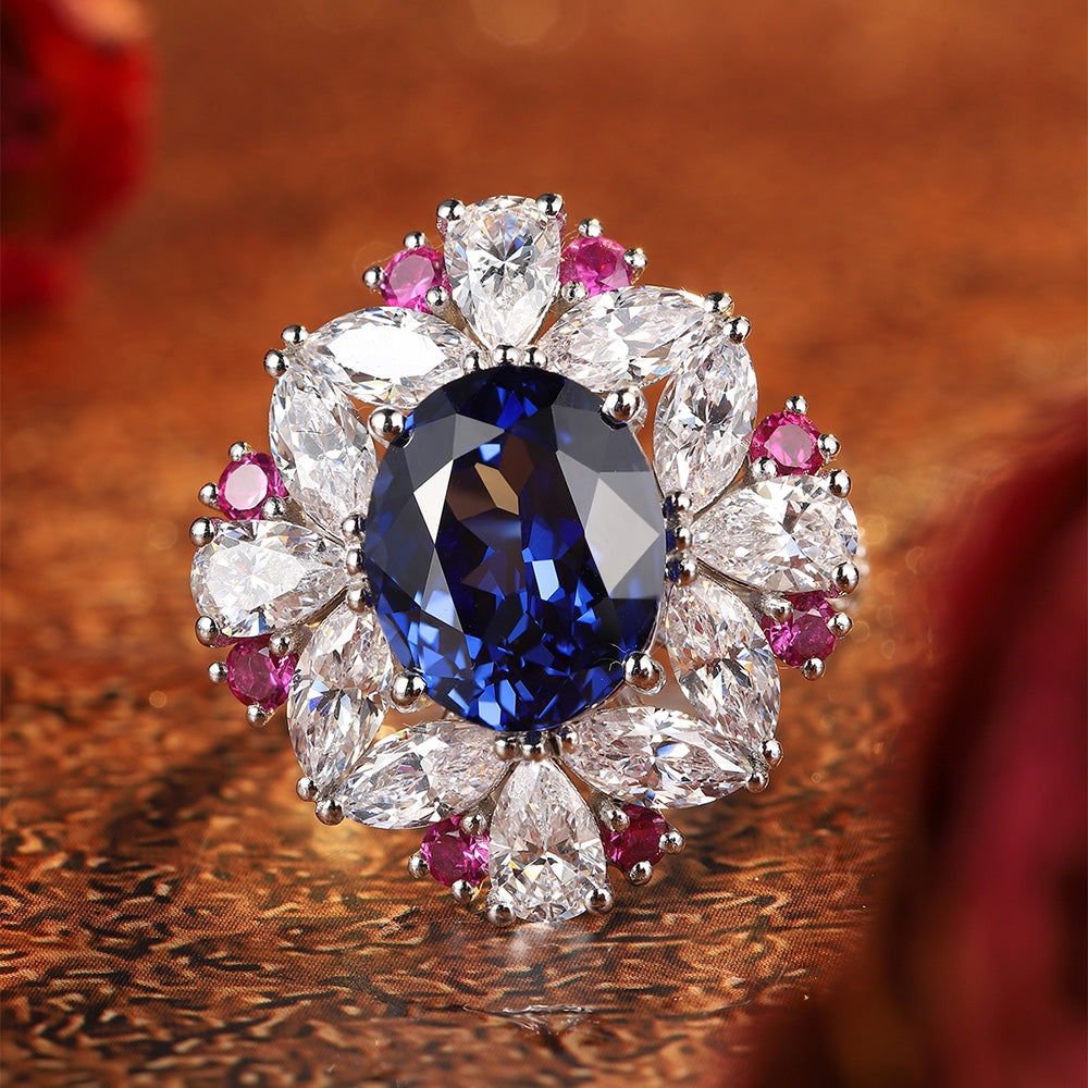 Mixed Color Cluster 5 Ct Oval Cut Lab Blue Sapphire Engagement Ring - LGG Jewelry