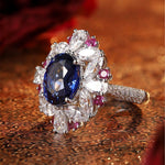 Lade Bild in die Galerieansicht, Mixed Color Cluster 5 Ct Oval Cut Lab Blue Sapphire Engagement Ring - LGG Jewelry