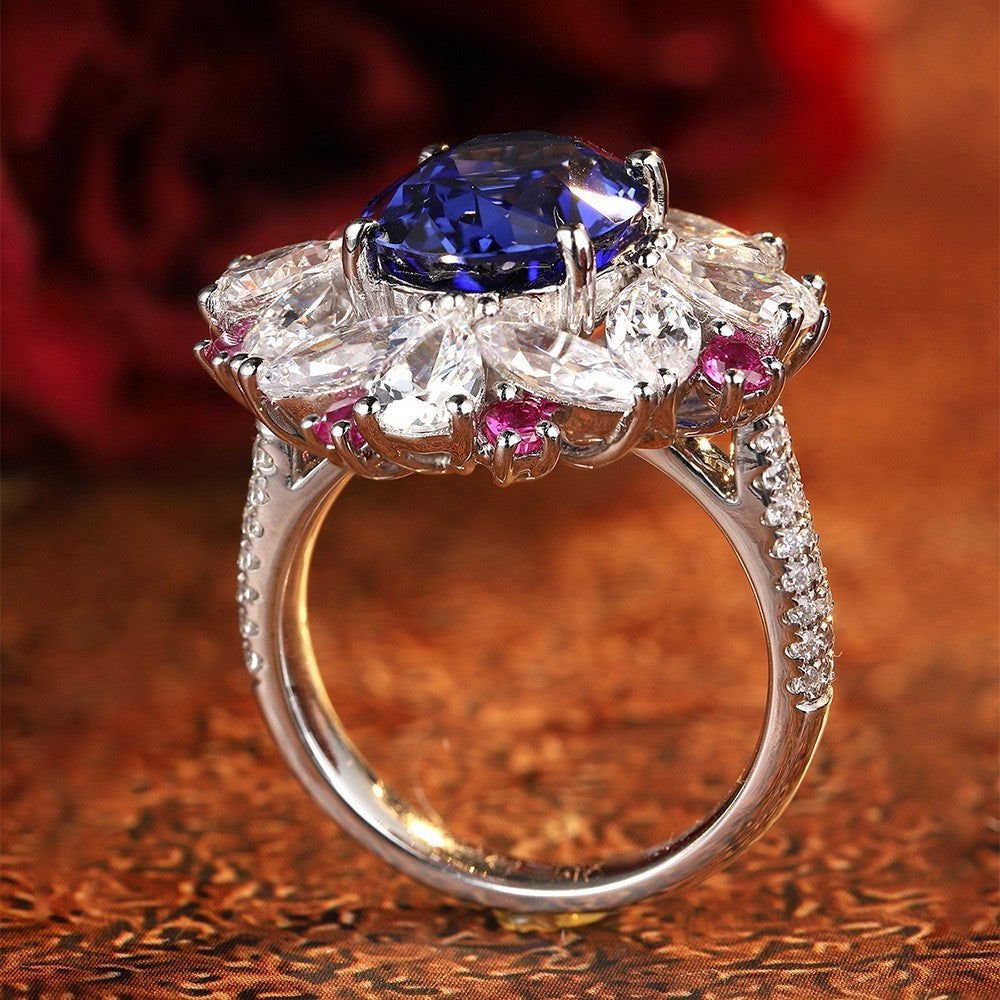 Mixed Color Cluster 5 Ct Oval Cut Lab Blue Sapphire Engagement Ring - LGG Jewelry