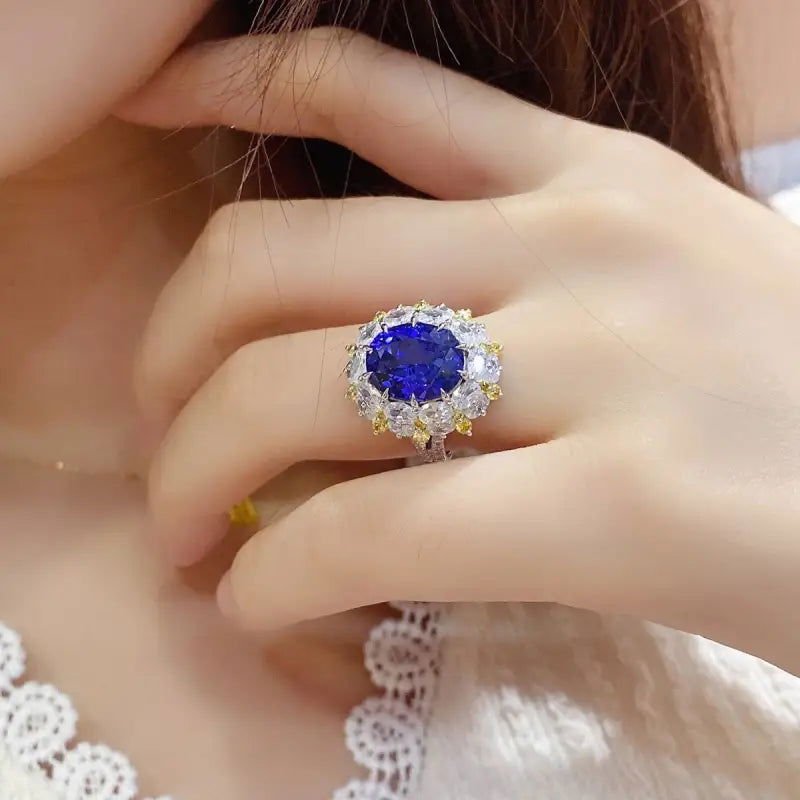 Mixed Color Cluster 5.9 Ct Oval Shape Lab Blue Sapphire Engagement Ring - LGG Jewelry
