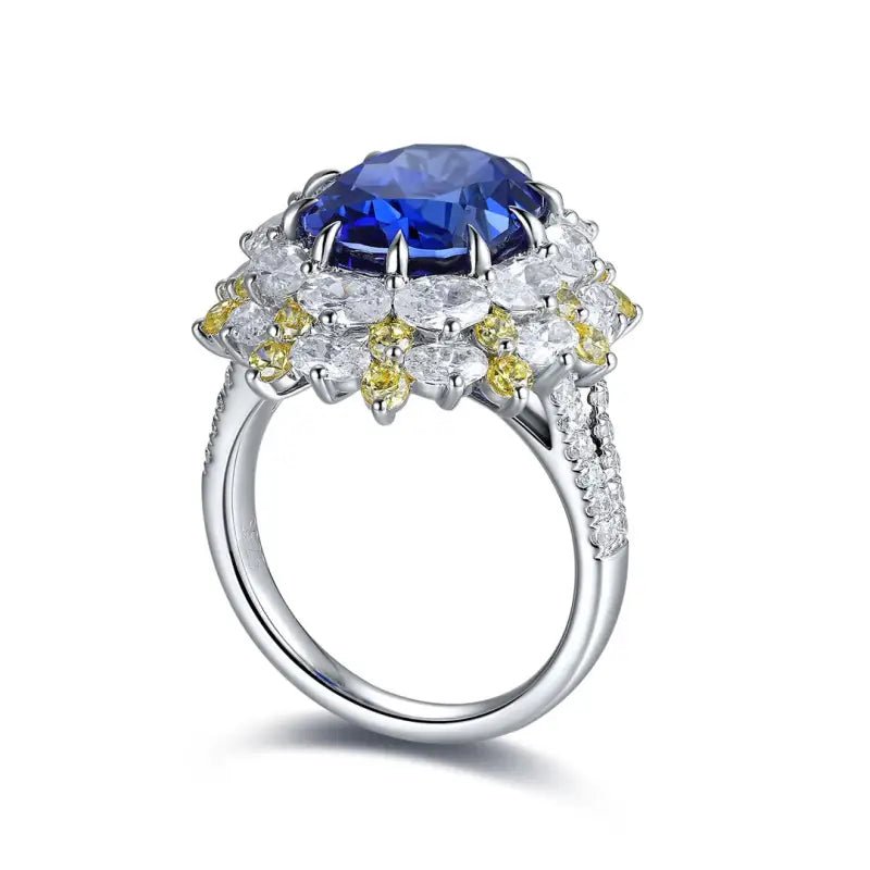 Mixed Color Cluster 5.9 Ct Oval Shape Lab Blue Sapphire Engagement Ring - LGG Jewelry
