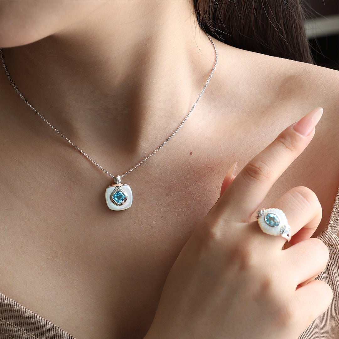 Oval Blue Topaz with Nacre Cluster Cocktail Ring - LGG Jewelry