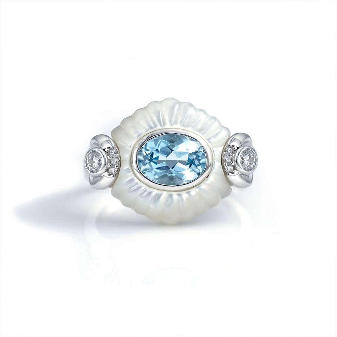 Oval Blue Topaz with Nacre Cluster Cocktail Ring - LGG Jewelry