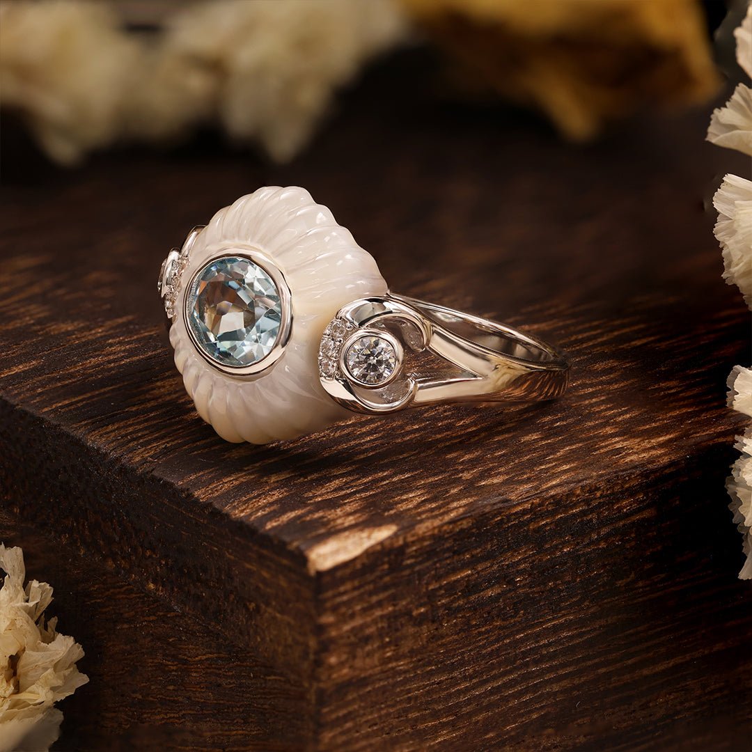Oval Blue Topaz with Nacre Cluster Cocktail Ring - LGG Jewelry