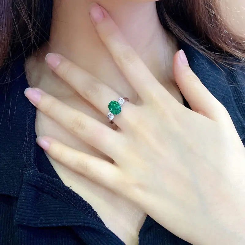 Oval Cut Lab Emerald Three-Stone Engagement Ring - LGG Jewelry