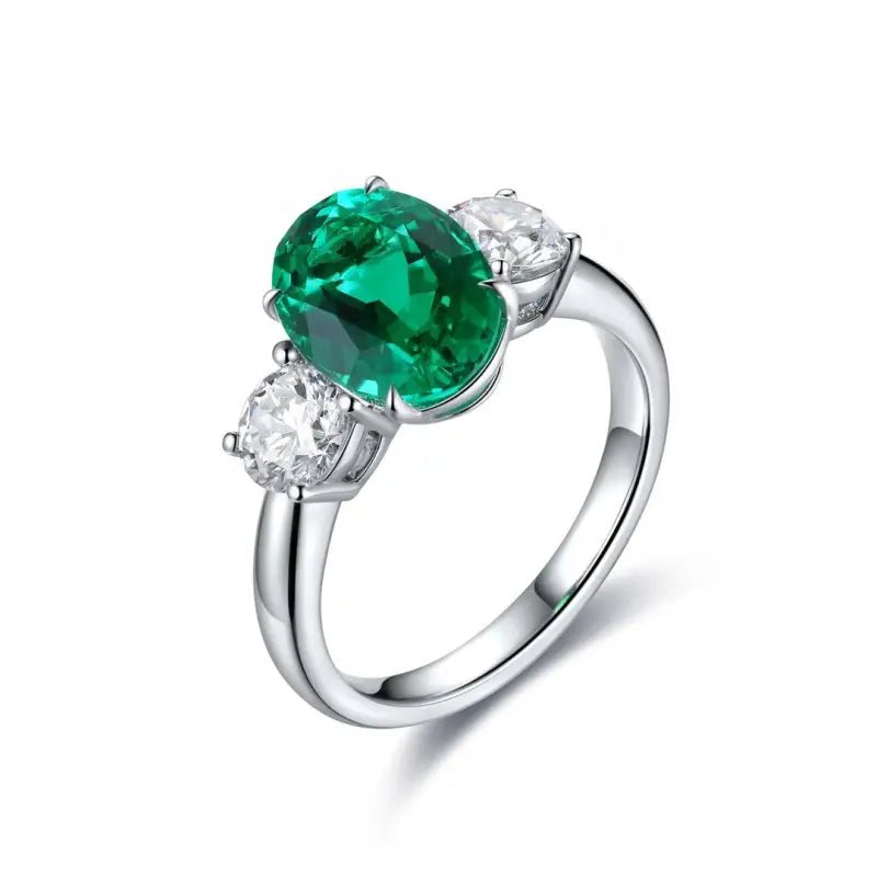 Oval Cut Lab Emerald Three-Stone Engagement Ring - LGG Jewelry