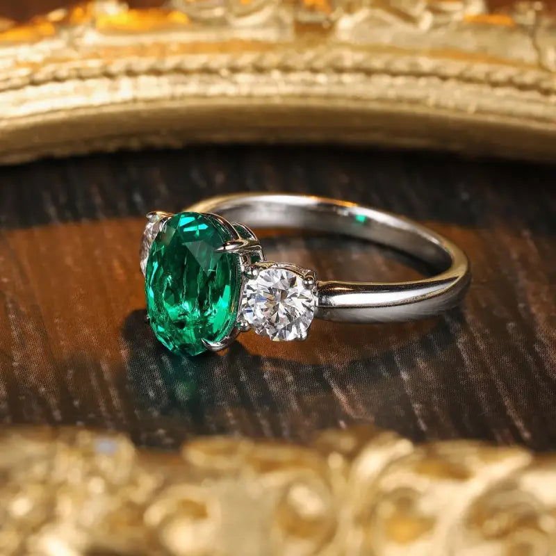 Oval Cut Lab Emerald Three-Stone Engagement Ring - LGG Jewelry