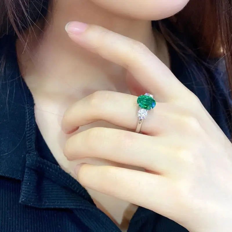 Oval Cut Lab Emerald Three-Stone Engagement Ring - LGG Jewelry