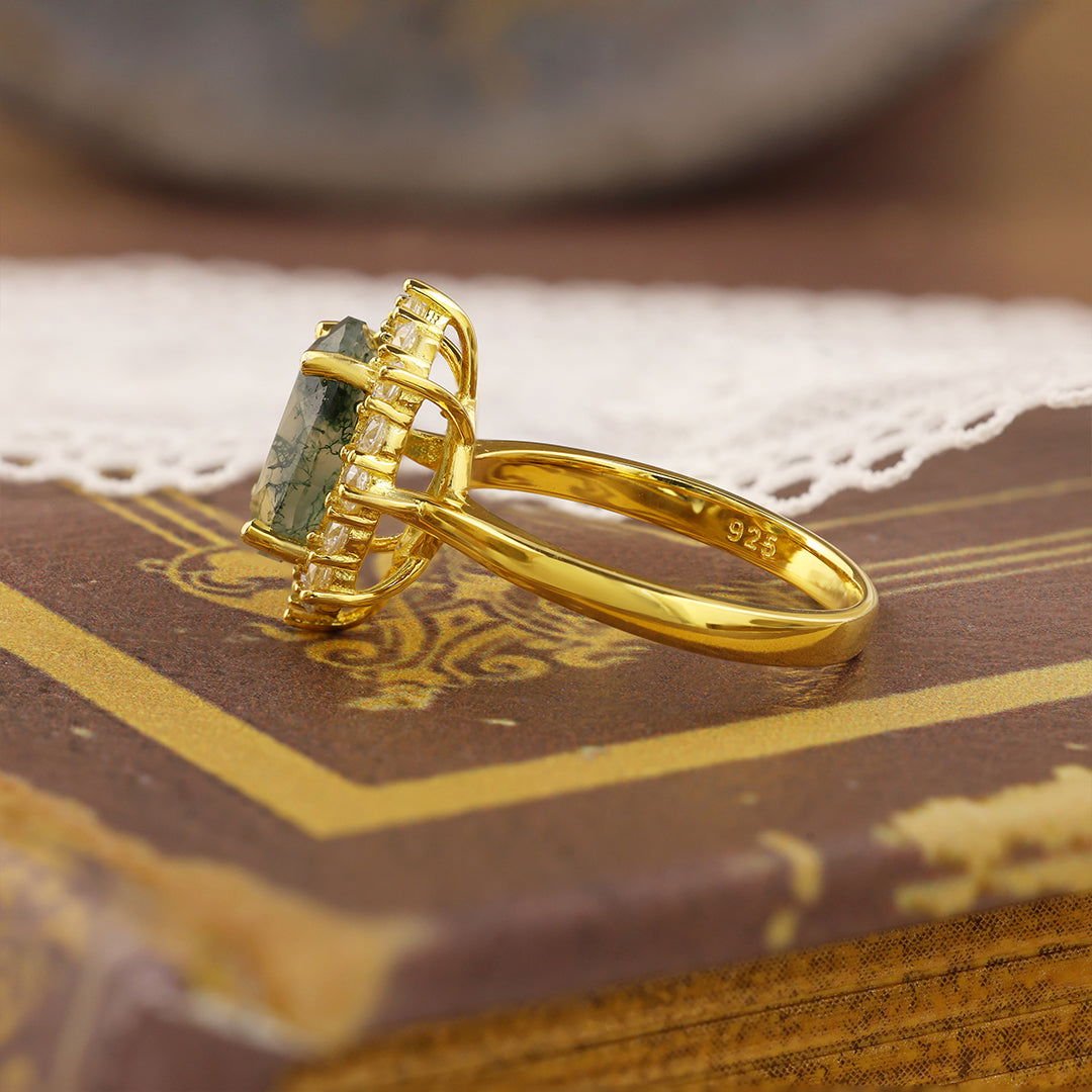 Oval Cut Moss Agate Halo Engagement Ring - LGG Jewelry