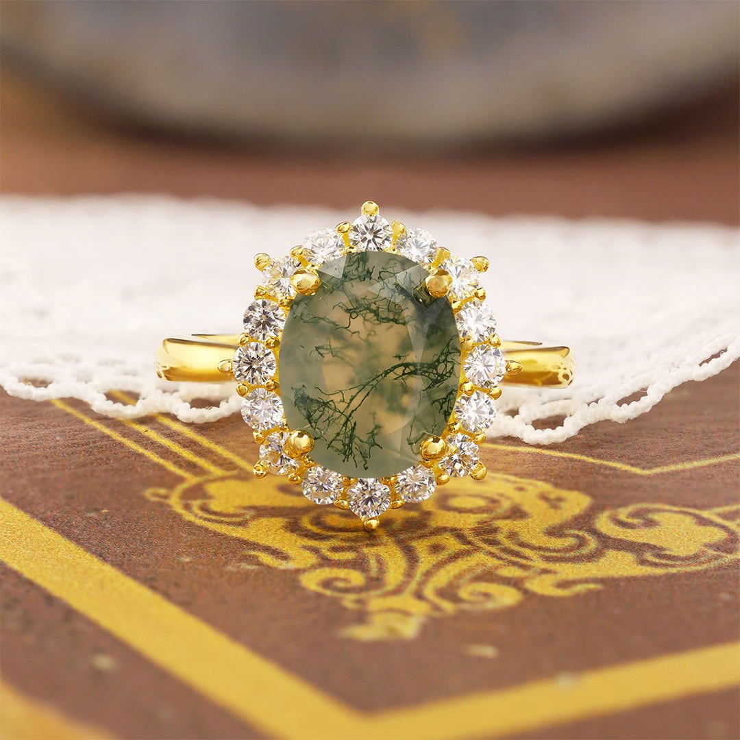 Oval Cut Moss Agate Halo Engagement Ring - LGG Jewelry