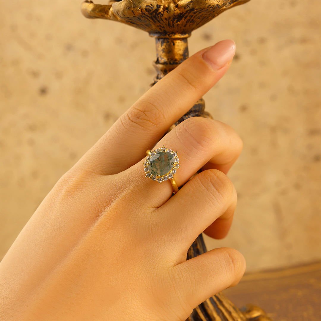Oval Cut Moss Agate Halo Engagement Ring - LGG Jewelry
