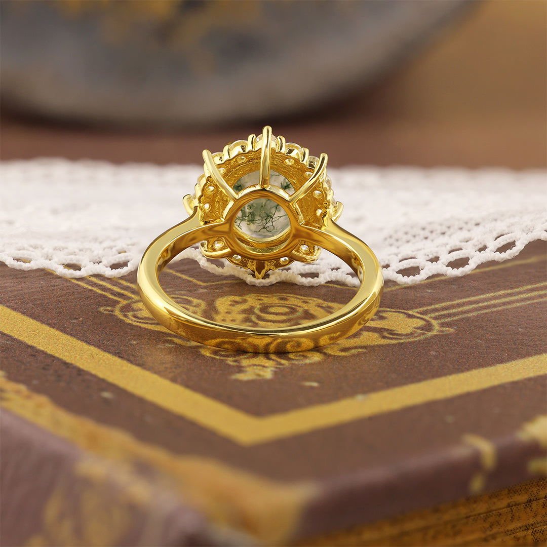 Oval Cut Moss Agate Halo Engagement Ring - LGG Jewelry