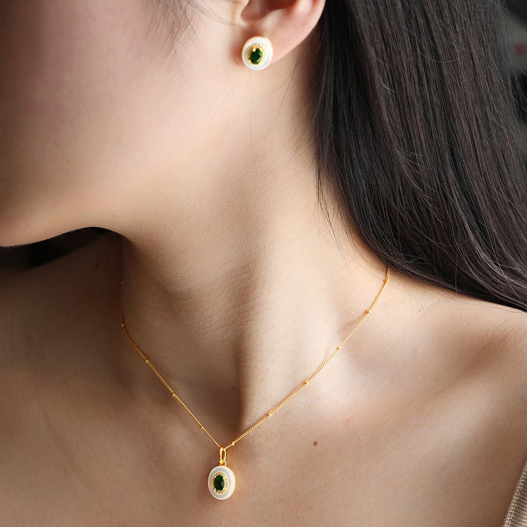 Oval Diopside & Nacre Statement Stud Earrings - LGG Jewelry