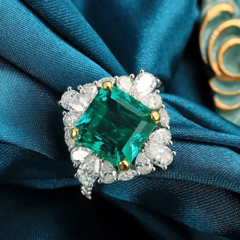 Pear Cluster 4 Ct Asscher Cut Lab Emerald Golden Four Prongs Engagement Ring - LGG Jewelry