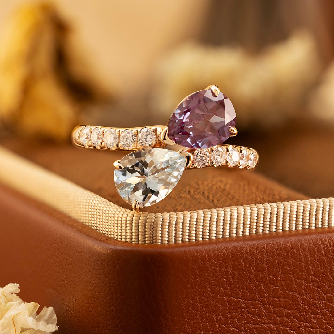Pear cut Alexandrite & Aquamarine Toi Et Moi Ring - LGG Jewelry