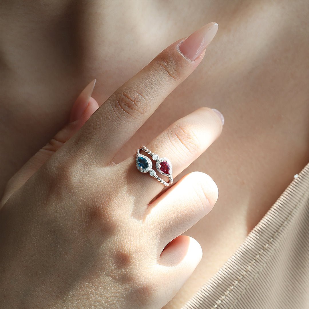 Pear Cut Blue Topaz & Garnet Toi Et Moi Ring - LGG Jewelry