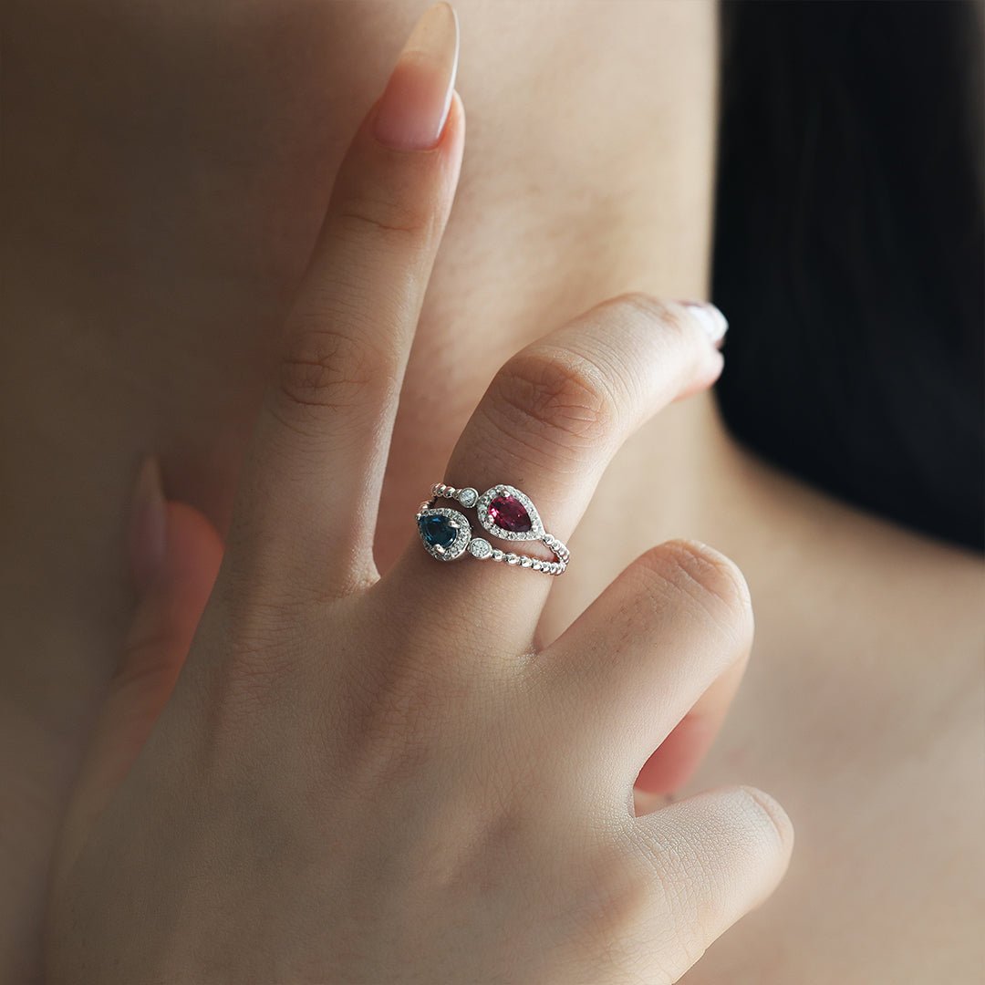 Pear Cut Blue Topaz & Garnet Toi Et Moi Ring - LGG Jewelry