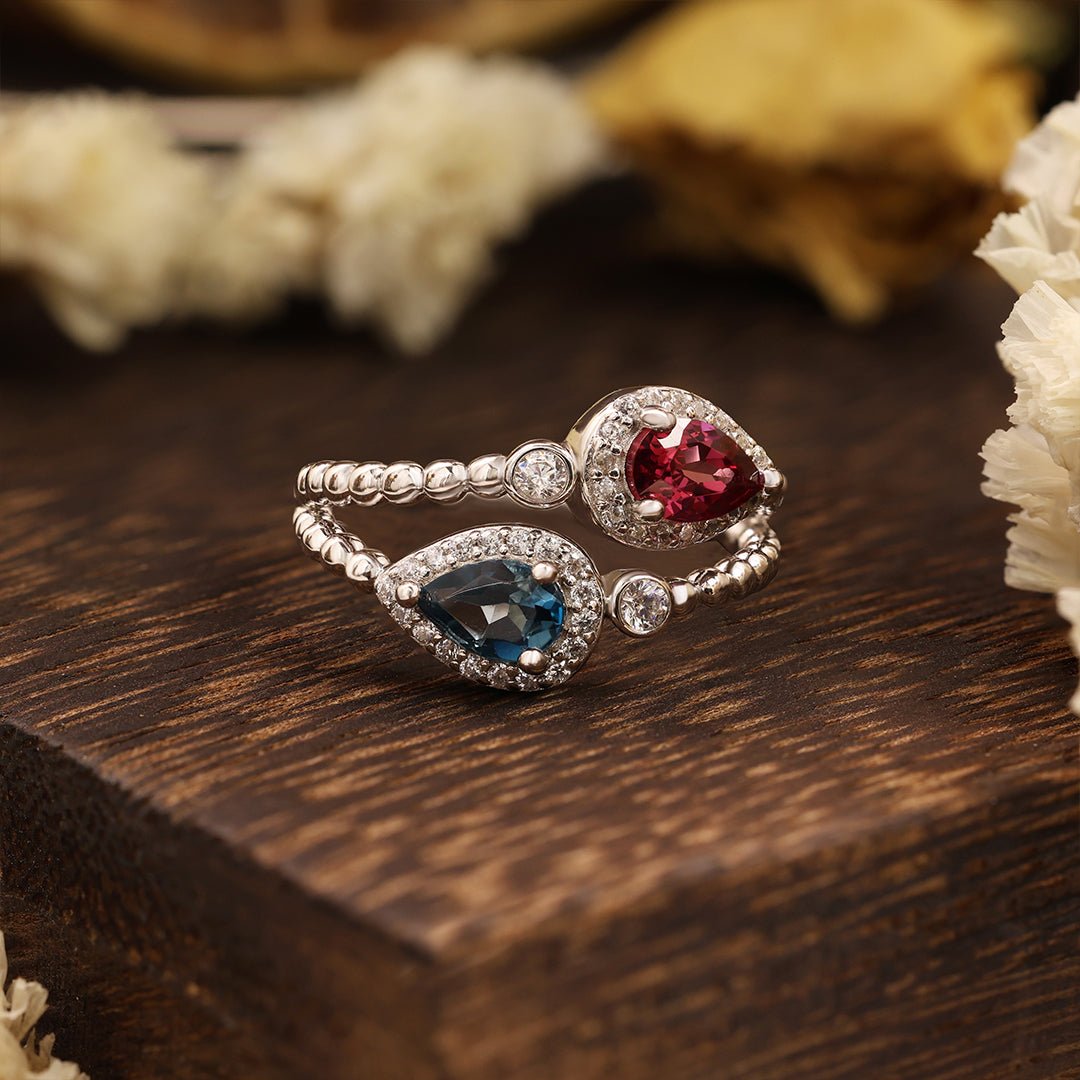 Pear Cut Blue Topaz & Garnet Toi Et Moi Ring - LGG Jewelry