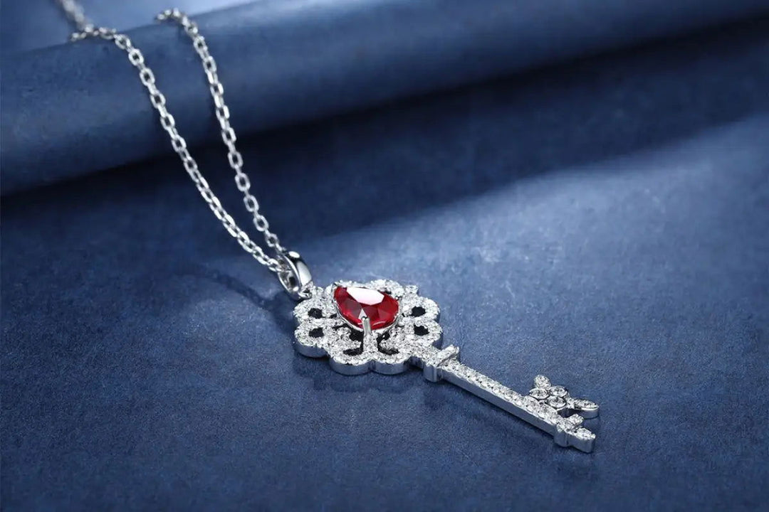 Pear Cut Lab Ruby Pave Key Pendant Necklace - LGG Jewelry