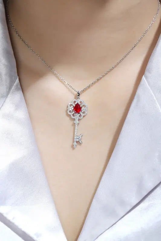 Pear Cut Lab Ruby Pave Key Pendant Necklace - LGG Jewelry