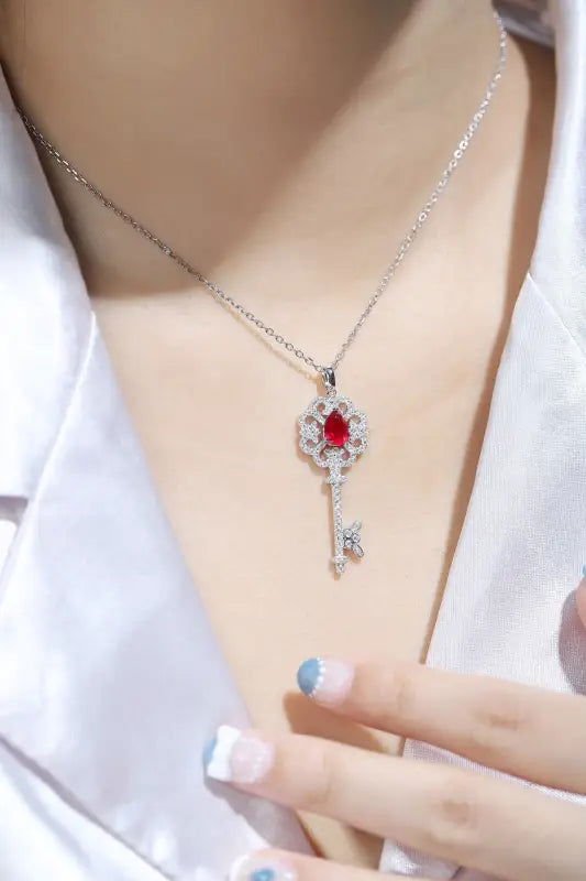 Pear Cut Lab Ruby Pave Key Pendant Necklace - LGG Jewelry