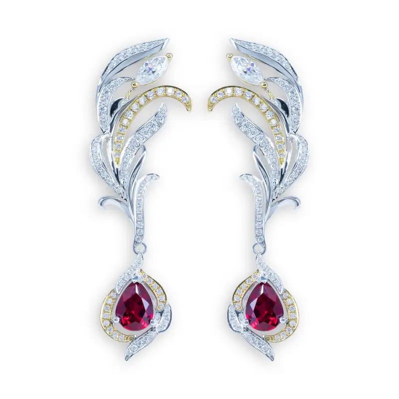 Phenix Feather Pear Cut Lab Ruby Earrings - LGG Jewelry