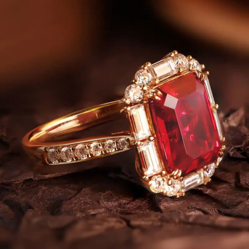 Pigeon Blood 3 Ct Emerald Cut Lab Ruby Engagement Pave Ring - LGG Jewelry