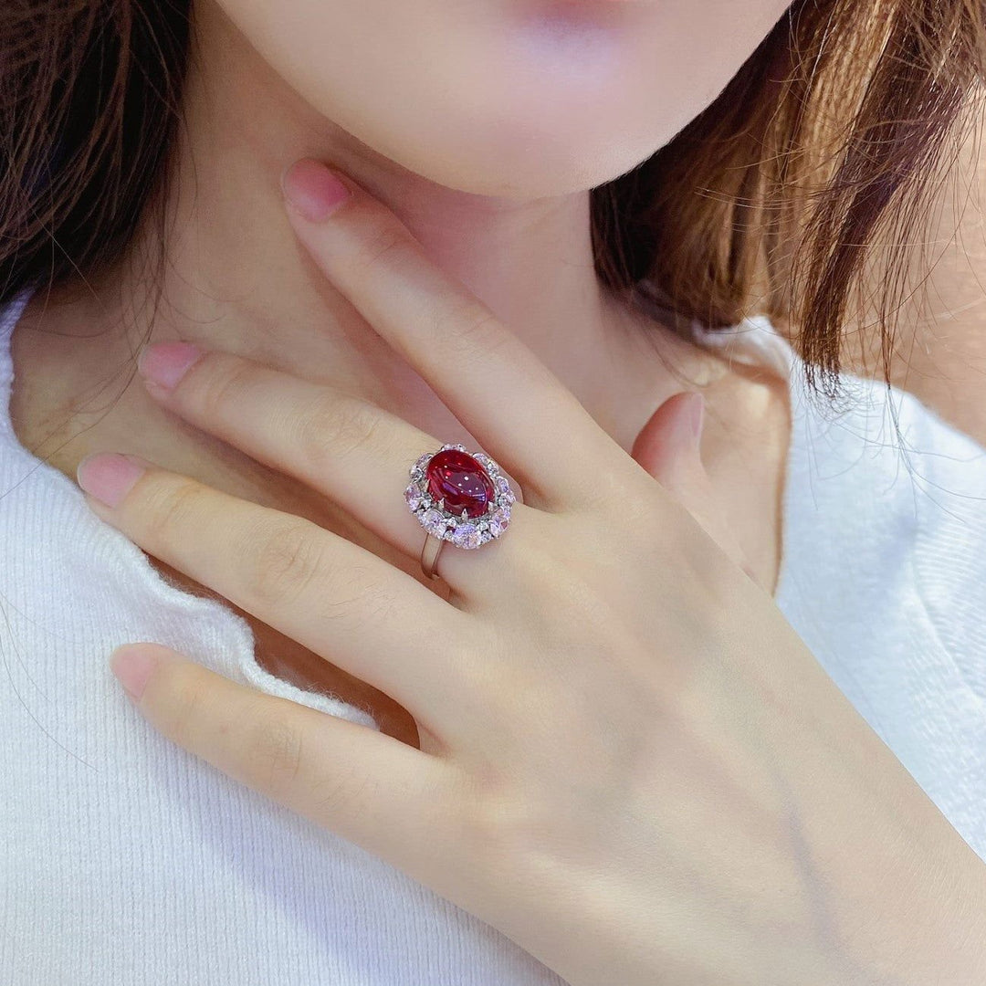 Pink Cluster 7 Ct Oval Shape Lab Ruby Engagement Ring - LGG Jewelry