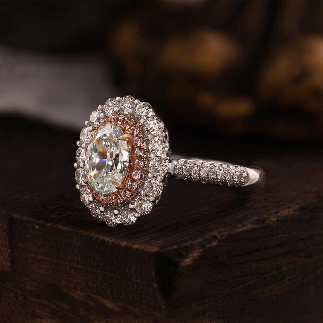 Pink Halo 1.24 Ct Oval Cut Fancy Blue Lab Diamond Engagement Ring - LGG Jewelry