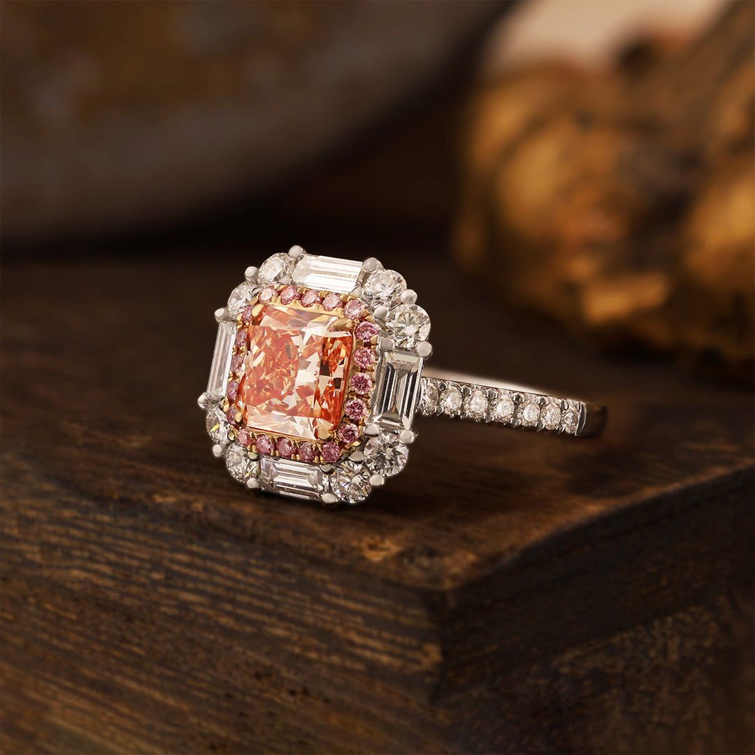 Pink Halo 1.54 Ct Radiant Cut Fancy Pink Lab Diamond Cluster Engagement Ring - LGG Jewelry