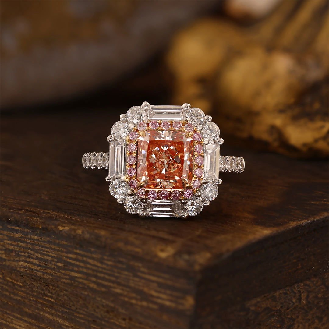 Pink Halo 1.54 Ct Radiant Cut Fancy Pink Lab Diamond Cluster Engagement Ring - LGG Jewelry