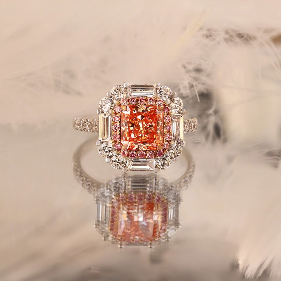 Pink Halo 1.54 Ct Radiant Cut Fancy Pink Lab Diamond Cluster Engagement Ring - LGG Jewelry