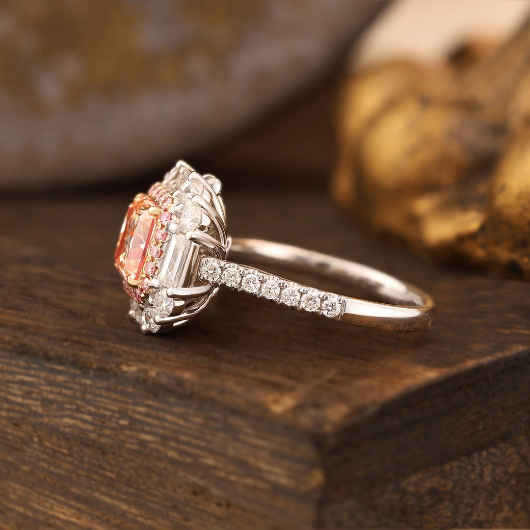 Pink Halo 1.54 Ct Radiant Cut Fancy Pink Lab Diamond Cluster Engagement Ring - LGG Jewelry