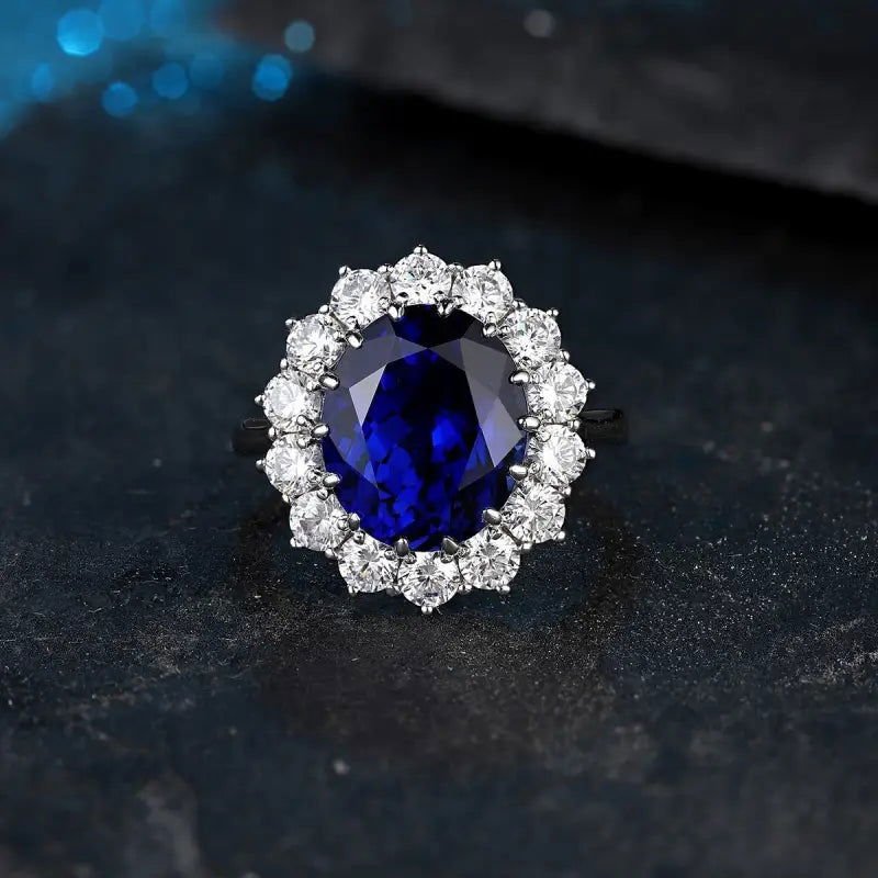 Princess Diana Inspired Luxury 6.5 Ct Oval Lab Blue Sapphire Engagement Ring - LGG Jewelry