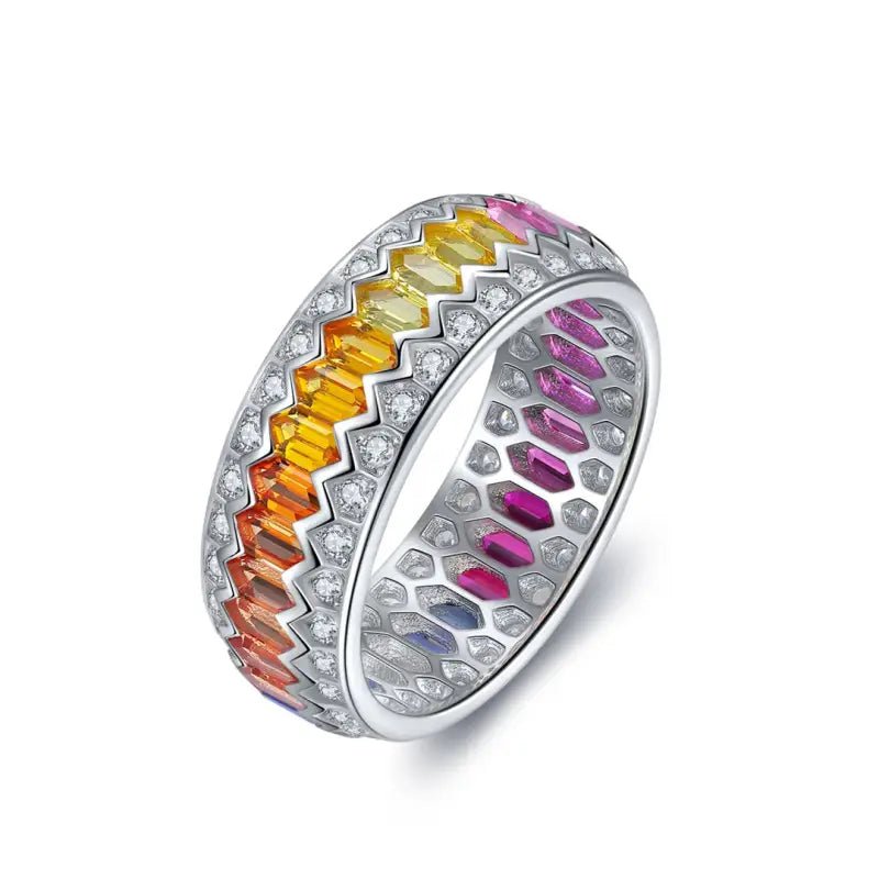 Rainbow Wave Line Elongated Hexagon Lab Sapphire Channel Eternity Band - LGG Jewelry