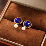 Lade Bild in die Galerieansicht, Round Lapis Lazuli &amp; Pearl Earrings - LGG Jewelry