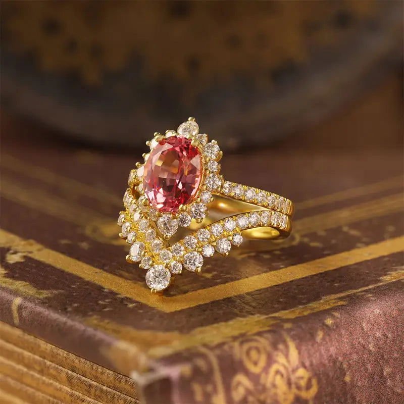 Sparkling Vintage Oval Cut Lab Padparascha Bridal Rings - 2pcs - LGG Jewelry