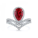 Lade Bild in die Galerieansicht, Split Shank Crown 2.7 Ct Pear Lab Ruby Half Pave Halo Engagement Ring - LGG Jewelry