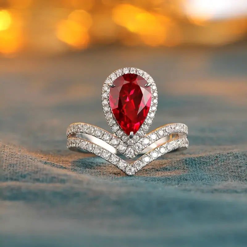 Split Shank Crown 2.7 Ct Pear Lab Ruby Half Pave Halo Engagement Ring - LGG Jewelry