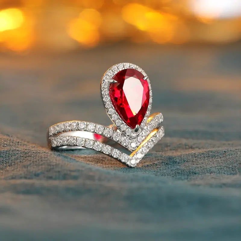 Split Shank Crown 2.7 Ct Pear Lab Ruby Half Pave Halo Engagement Ring - LGG Jewelry