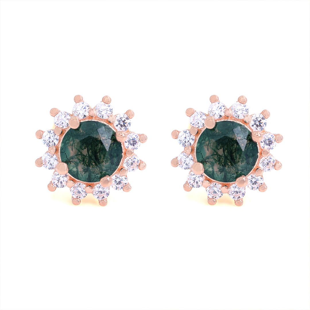 Sunny Halo Round Cut Moss Agate Ear Studs - LGG Jewelry