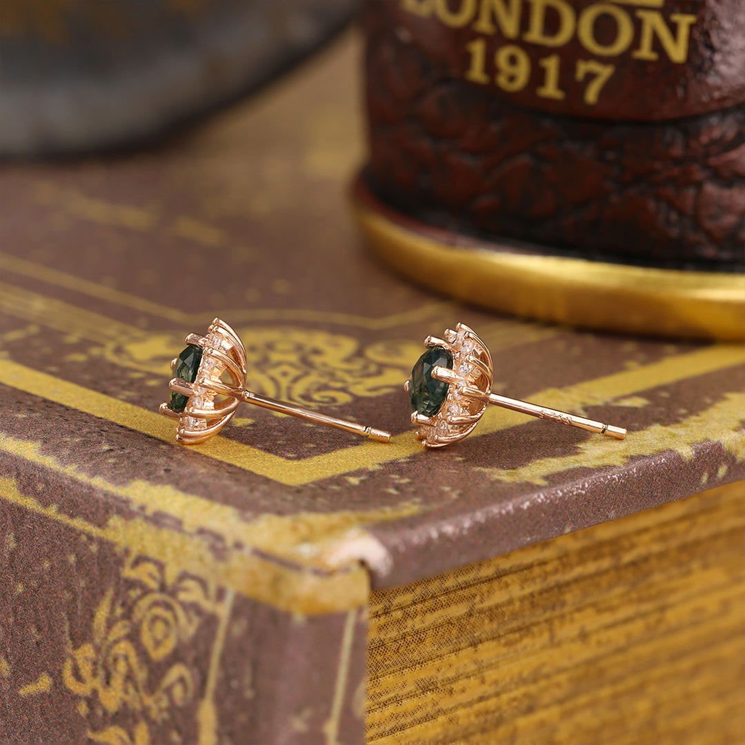 Sunny Halo Round Cut Moss Agate Ear Studs - LGG Jewelry