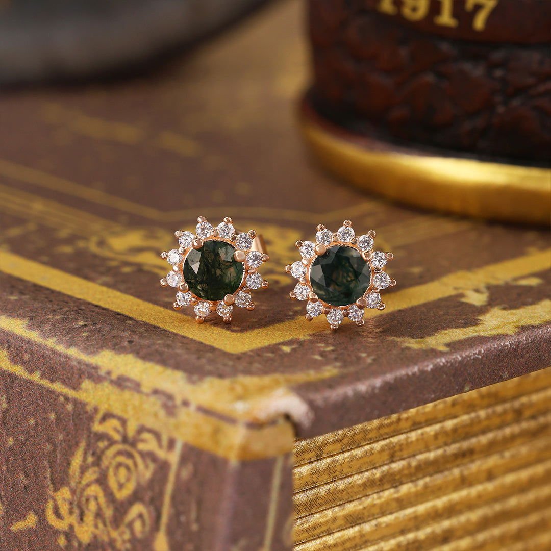 Sunny Halo Round Cut Moss Agate Ear Studs - LGG Jewelry