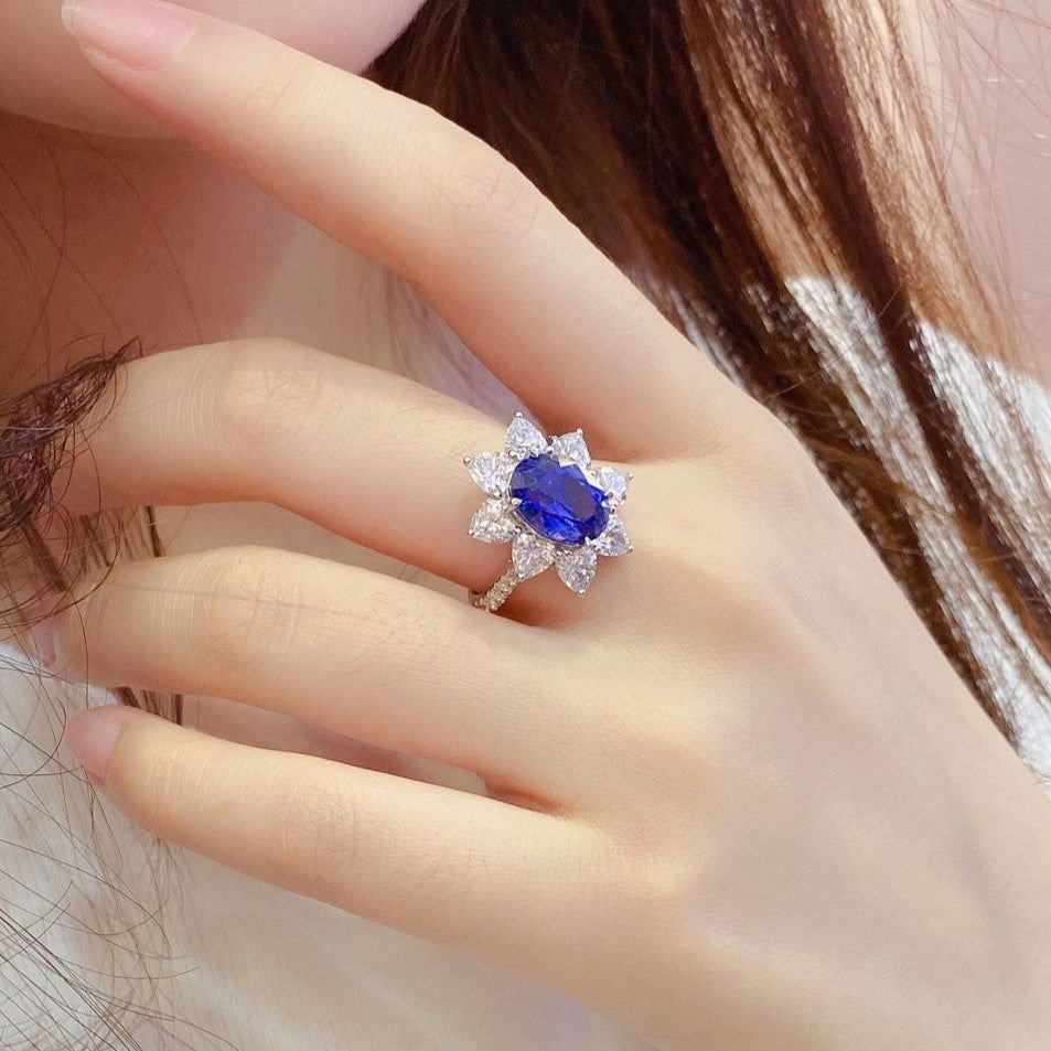 Sunny Heart Halo 4 Ct Lab Blue Sapphire Engagement Ring - LGG Jewelry