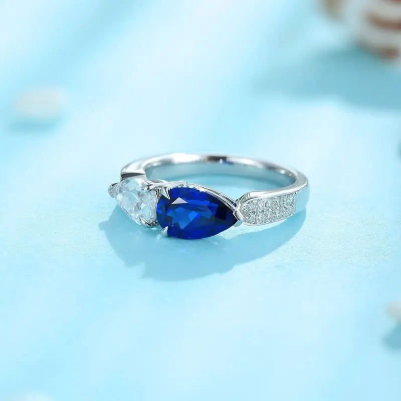 Toi Et Moi Pear Cut Lab Blue Sapphire & Lab Diamond Engagement Ring - LGG Jewelry