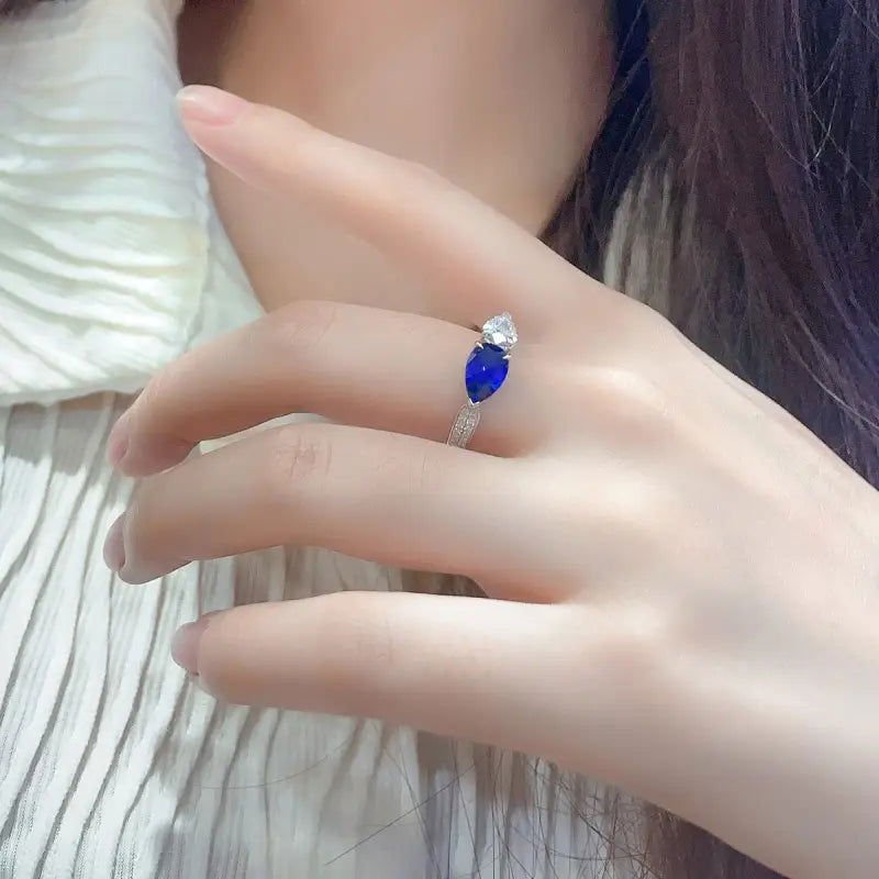Toi Et Moi Pear Cut Lab Blue Sapphire & Lab Diamond Engagement Ring - LGG Jewelry