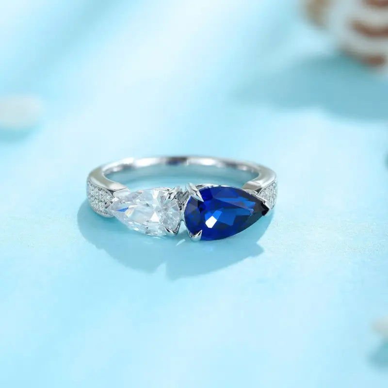 Toi Et Moi Pear Cut Lab Blue Sapphire & Lab Diamond Engagement Ring - LGG Jewelry