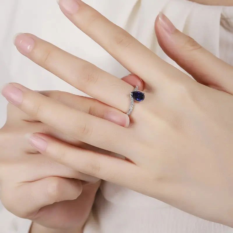 V-Shaped 1.65 Ct Pear Lab Blue Sapphire Half Pave Solitaire Engagement Ring - LGG Jewelry