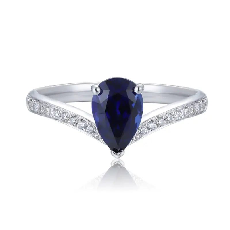 V-Shaped 1.65 Ct Pear Lab Blue Sapphire Half Pave Solitaire Engagement Ring - LGG Jewelry