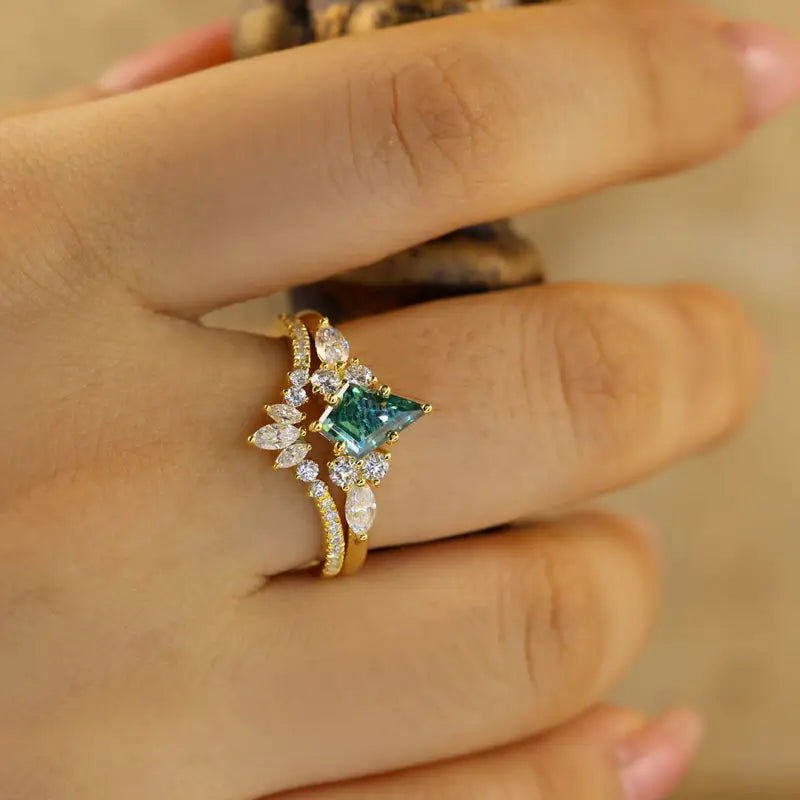 Vintage Cluster Kite Cut Green Moissanite Bridal Ring Set - 2pcs - LGG Jewelry